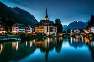 das Stadt, Dorf von hallstatt im das Alpen beim Dämmerung. KI-generiert foto