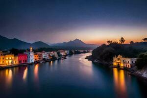 Foto Hintergrund das Himmel, Berge, Wasser, Fluss, Haus, das Stadt, das Fluss,. KI-generiert