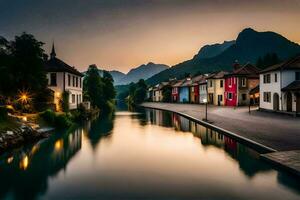 Foto Hintergrund das Himmel, Wasser, Berge, Fluss, Häuser, See, Sonnenuntergang, das Stadt. KI-generiert