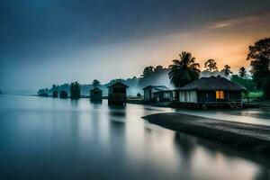 ein Haus auf das Wasser mit ein nebelig Himmel. KI-generiert foto