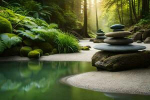 Zen Garten mit Steine und Wasser im das Wald. KI-generiert foto
