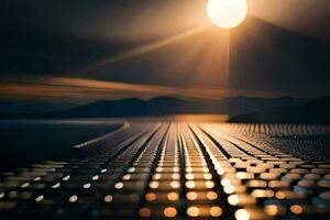 das Sonne scheint Über ein Straße mit ein Brücke im das Hintergrund. KI-generiert foto