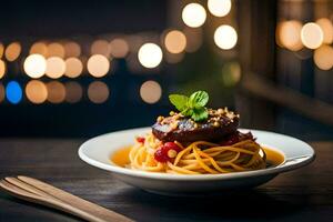 ein Teller von Spaghetti mit Fleisch und Tomate Soße auf ein hölzern Tisch. KI-generiert foto