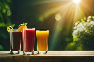 drei Brille von Saft auf ein Tabelle im Vorderseite von ein Sonne. KI-generiert foto