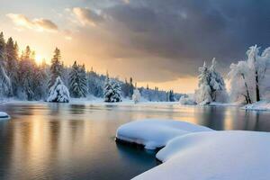 ein schneebedeckt Fluss im das Winter. KI-generiert foto