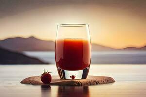 ein Glas von Saft mit Erdbeeren auf ein hölzern Tafel. KI-generiert foto