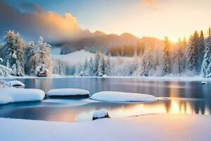 ein schneebedeckt See umgeben durch Bäume und Schnee. KI-generiert foto