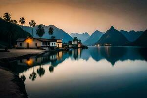 ein Haus sitzt auf das Ufer von ein See mit Berge im das Hintergrund. KI-generiert foto