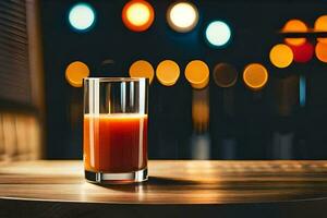 ein Glas von Orange Saft auf ein Tabelle im Vorderseite von ein verschwommen Hintergrund. KI-generiert foto