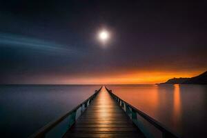 ein Seebrücke mit ein voll Mond im das Himmel. KI-generiert foto