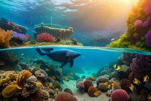 ein Delfin schwimmt im das Ozean mit bunt Koralle Riffe. KI-generiert foto