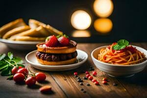 ein Teller mit ein Hamburger, Tomate und ein Erdbeere. KI-generiert foto