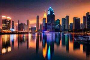 das Stadt Horizont beim Nacht mit ein Boot im das Wasser. KI-generiert foto