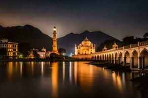 das Nacht Aussicht von ein Moschee und Brücke im Udaipur. KI-generiert foto