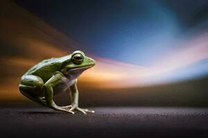 ein Frosch ist Sitzung auf das Boden mit ein verschwommen Hintergrund. KI-generiert foto