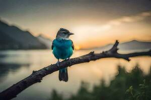 ein Blau Vogel Sitzung auf ein Ast im Vorderseite von ein See. KI-generiert foto