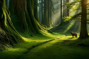 ein Hirsch steht im das Mitte von ein Grün Wald. KI-generiert foto