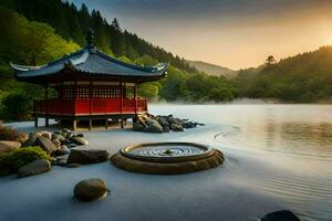 das rot Pagode im das See. KI-generiert foto