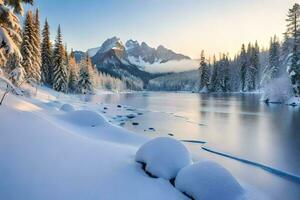 ein schneebedeckt Berg Angebot und ein Fluss im das Winter. KI-generiert foto