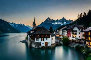 das schön Dorf von See hallstatt im das schweizerisch Alpen. KI-generiert foto