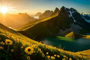 das Sonne steigt an Über das Berge und Blumen im das Vordergrund. KI-generiert foto