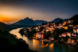 ein Stadt, Dorf sitzt auf das Banken von ein Fluss beim Sonnenuntergang. KI-generiert foto