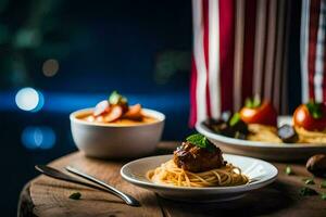 Platten von Spaghetti und Fleischklößchen auf ein hölzern Tisch. KI-generiert foto