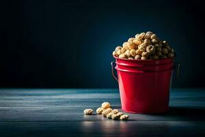 ein Eimer von Popcorn auf ein hölzern Tisch. KI-generiert foto