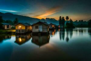 Foto Hintergrund das Himmel, Wasser, Berge, Haus, das Haus, das Haus, das Haus. KI-generiert