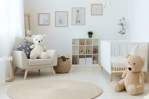 modern Innere von gemütlich Baby Zimmer mit Krippe und Bettwäsche. ai generativ foto