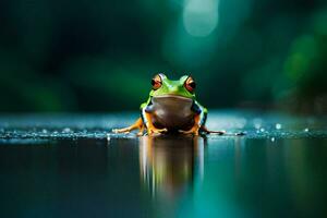 ein Frosch Sitzung auf das Boden im das Regen. KI-generiert foto
