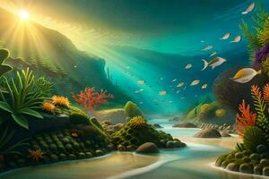 ein unter Wasser Szene mit Pflanzen und Fisch. KI-generiert foto