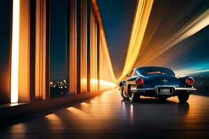 ein klassisch Auto Fahren auf ein Brücke beim Nacht. KI-generiert foto