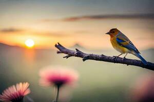Foto Hintergrund das Himmel, Blumen, Vögel, Sonnenuntergang, das Vogel, das Vogel, das Vogel. KI-generiert