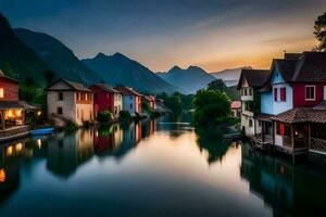 ein Fluss läuft durch ein Stadt, Dorf beim Sonnenuntergang. KI-generiert foto