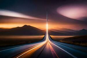 ein lange Exposition Foto von ein Autobahn mit Licht Wanderwege. KI-generiert