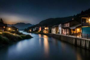 ein Fluss läuft durch ein Stadt, Dorf beim Nacht. KI-generiert foto