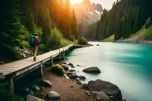 ein Mann Spaziergänge über ein hölzern Brücke Über ein Fluss. KI-generiert foto