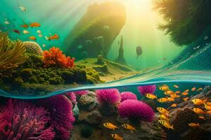 ein unter Wasser Szene mit Koralle und Fisch. KI-generiert foto