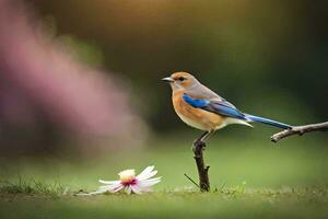 ein Blau Vogel ist thront auf ein Ast im das Gras. KI-generiert foto