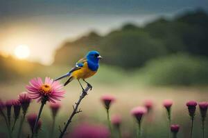 ein Blau Vogel ist thront auf ein Blume Stengel. KI-generiert foto