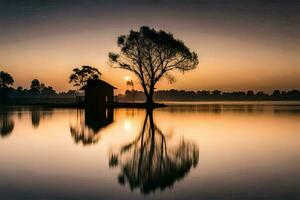 ein Baum und ein Haus im das Mitte von ein See beim Sonnenuntergang. KI-generiert foto