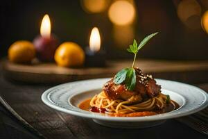 Spaghetti mit Fleisch und Soße auf ein Platte. KI-generiert foto