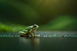 ein Frosch Sitzung auf das Boden im das Regen. KI-generiert foto