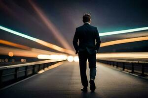 ein Mann im ein passen Spaziergänge Nieder ein Straße beim Nacht. KI-generiert foto