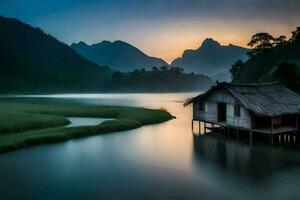 ein klein Hütte sitzt auf das Kante von ein Fluss beim Sonnenaufgang. KI-generiert foto