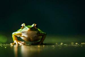 ein Frosch Sitzung auf das Boden mit ein dunkel Hintergrund. KI-generiert foto