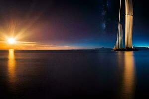 ein Segelboot im das Ozean beim Sonnenuntergang. KI-generiert foto
