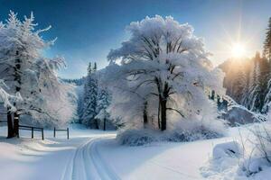 Winter Landschaft mit Bäume bedeckt im Schnee. KI-generiert foto