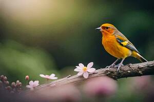 ein klein Orange Vogel sitzt auf ein Ast mit Rosa Blumen. KI-generiert foto